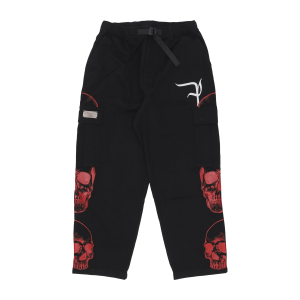 Lange Herren-Cargohose mit dreifachem Totenkopf-Print, Schwarz/Rot