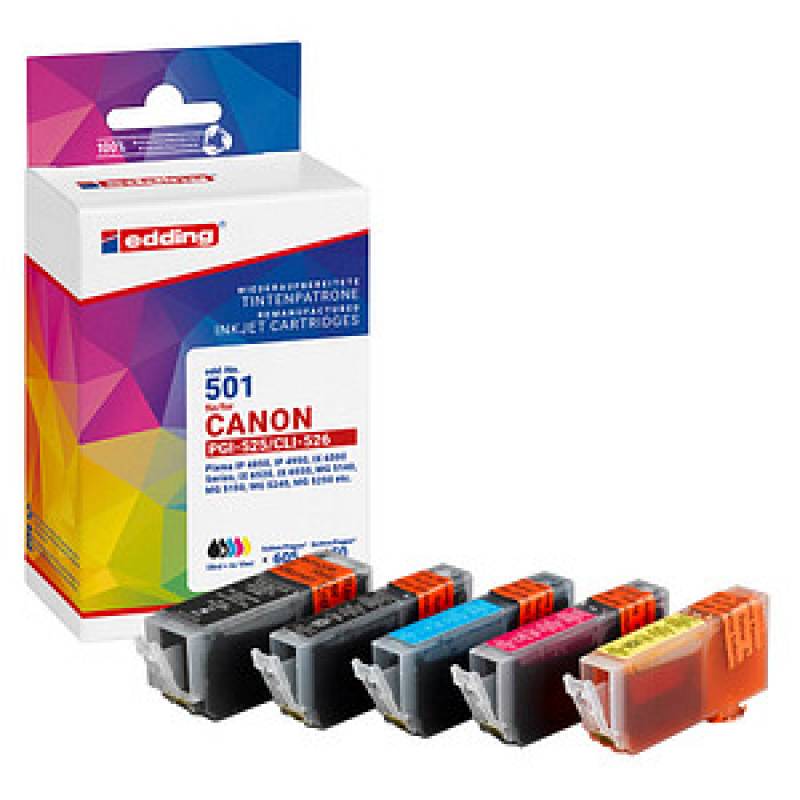 edding EDD-501 2x schwarz, cyan, magenta, gelb Druckerpatronen kompatibel zu Canon PGI-525 BK, CLI-526 BK/C/M/Y, 5er-Set – Bild 1 von 3
