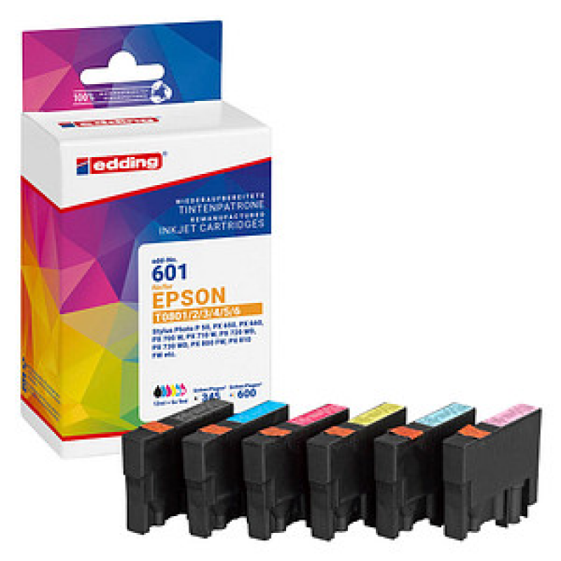 edding EDD-601 schwarz, cyan, magenta, gelb, light cyan, light magenta Druckerpatronen kompatibel zu EPSON T0807, 6er-Set – Bild 1 von 3