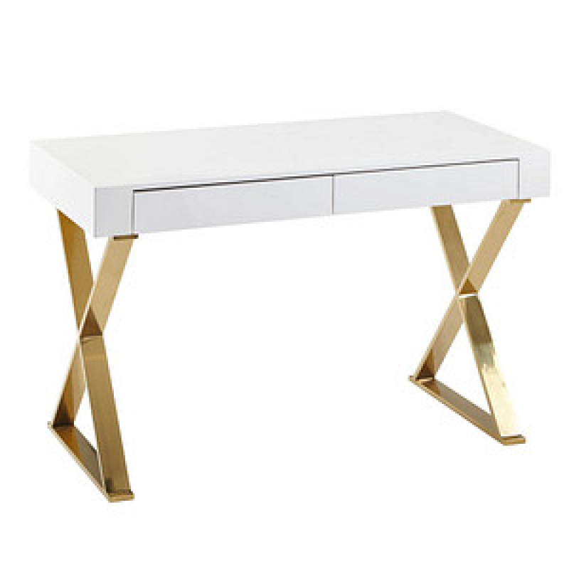 WOHNLING Schreibtishc 118 cm weiß hochglanz Schreibtisch weiß rechteckig, X-Fuß-Gestell gold 118,0 x 57,0 cm – Bild 1 von 7