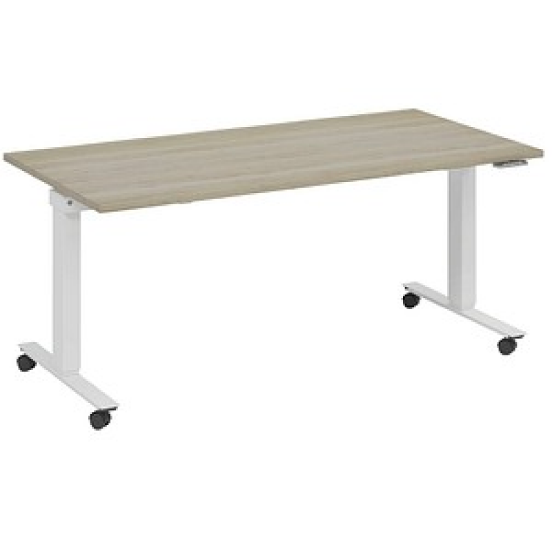 fm Topspin elektrisch höhenverstellbarer Schreibtisch eiche, verkehrsweiß rechteckig, T-Fuß-Gestell mit Rollen weiß 180,0 x 80,0 cm – Bild 1 von 5