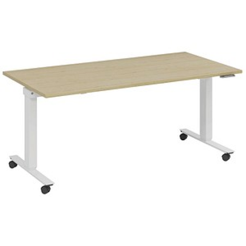 fm Topspin elektrisch höhenverstellbarer Schreibtisch akazie, verkehrsweiß rechteckig, T-Fuß-Gestell mit Rollen weiß 160,0 x 70,0 cm – Bild 1 von 5