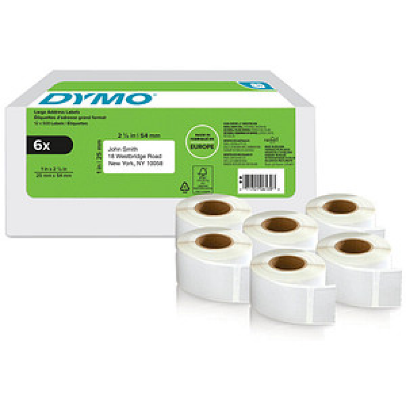 DYMO Etikettenrollen für Etikettendrucker weiß, 54,0 x 25,0 mm, 6 x 500 Etiketten – Bild 1 von 6