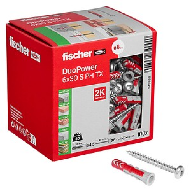 AKTION: fischer DuoPower 6x30 S PH TX 545838 Dübel mit Schrauben Ø 6 mm x 30 mm, 100 St. mit Prämie nach Registrierung – Bild 1 von 10