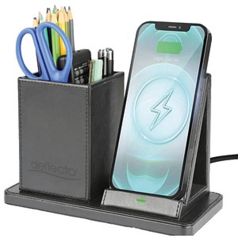 deflecto Schreibtisch-Organizer mit Qi-Ladefunktion schwarz Lederimitat 21,0 x 10,5 x 14,3 cm – Bild 1 von 3