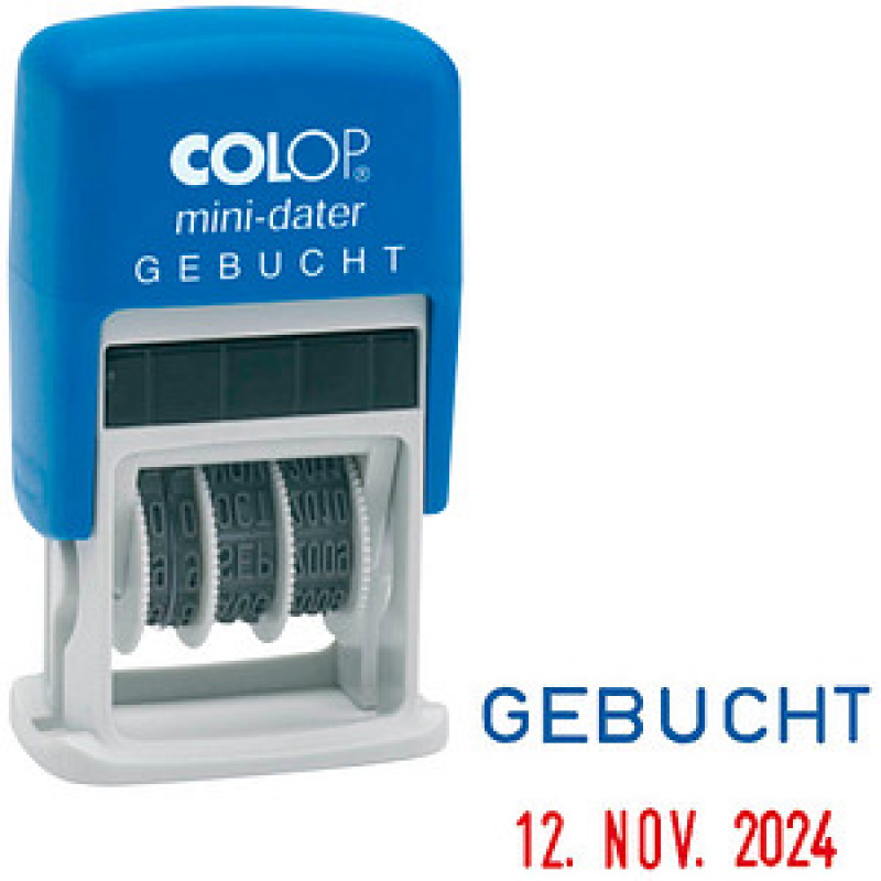 COLOP Datumstempel mit Text "Gebucht" Mini-Dater S 160/L selbstfärbend blau rot, 1 St. – Bild 1 von 3