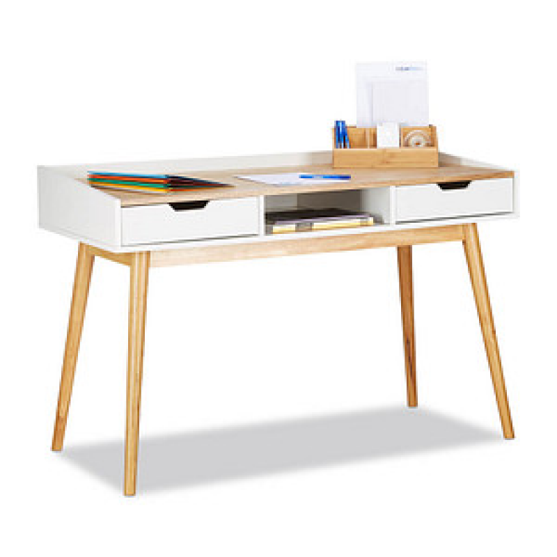 relaxdays Schreibtisch weiß rechteckig, 4-Fuß-Gestell braun 120,0 x 55,0 cm – Bild 1 von 4