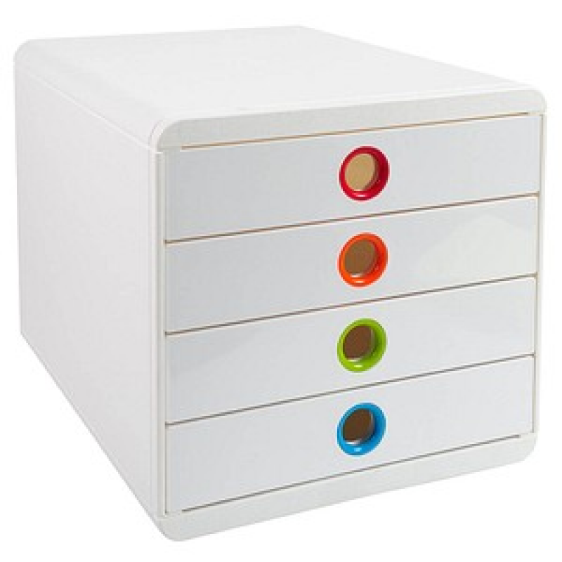Exacompta Schubladenbox POP-BOX weiß mit bunten Grifflöchern 314398D, DIN A4 mit 4 Schubladen, 1 St.