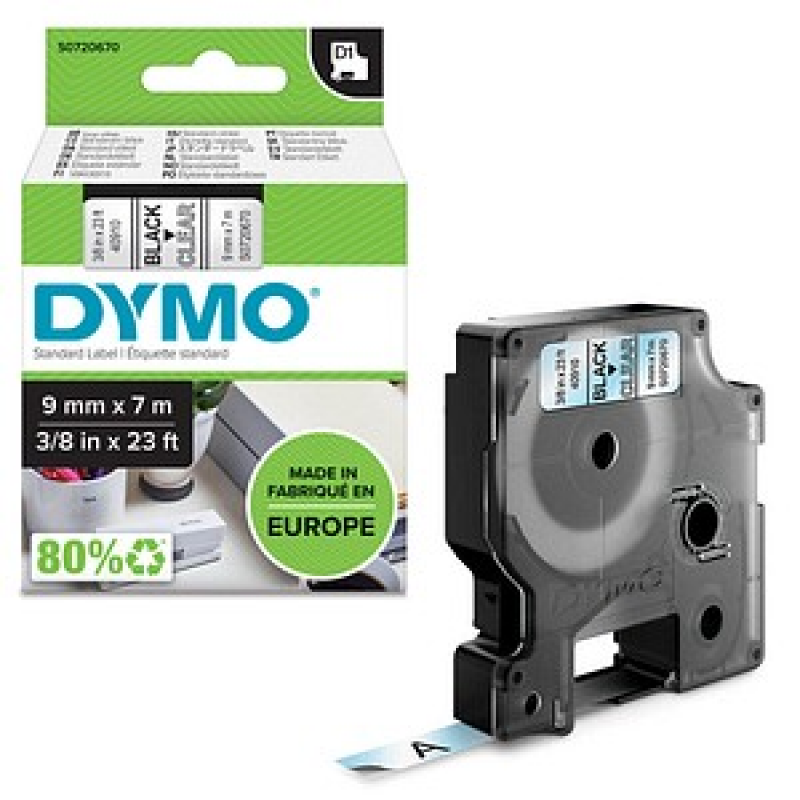 DYMO Schriftband D1 40910 S0720670, 9 mm, schwarz auf transparent, 1 St. – Bild 1 von 3