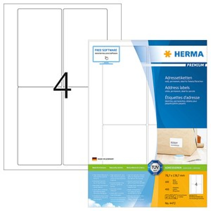 HERMA Etiketten 4472 weiß 78,7 x 139,7 mm, 100 Blatt – Bild 1 von 2