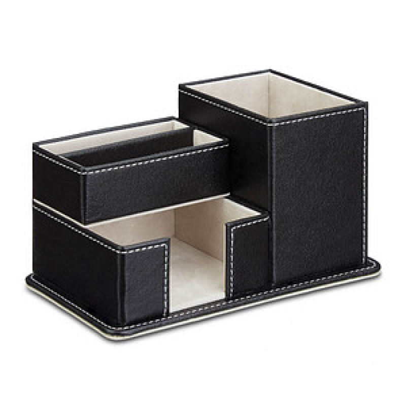 relaxdays Schreibtisch-Organizer schwarz Lederimitat 4 Fächer 18,0 x 12,0 x 10,0 cm – Bild 1 von 7