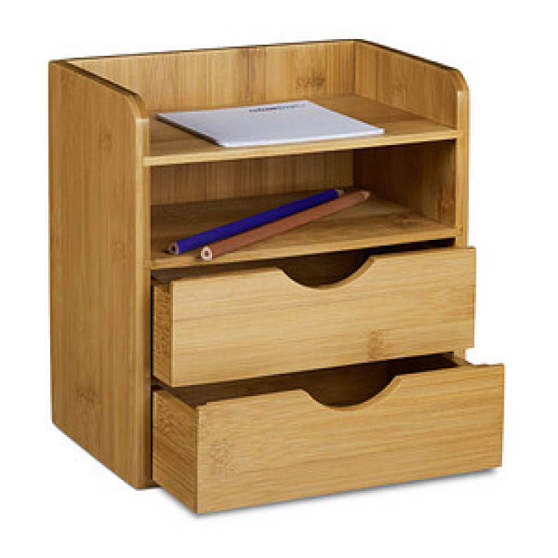 relaxdays Schreibtisch-Organizer braun Bambus 2 Schubladen, 2 Ablagen Fächer 20,0 x 13,0 x 21,0 cm – Bild 1 von 4