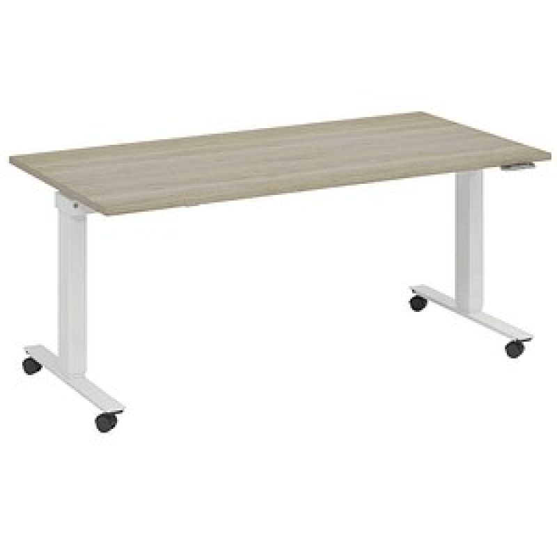 fm Topspin elektrisch höhenverstellbarer Schreibtisch eiche, verkehrsweiß rechteckig, T-Fuß-Gestell mit Rollen weiß 140,0 x 70,0 cm – Bild 1 von 5