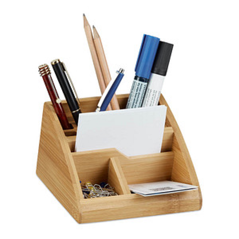 relaxdays Schreibtisch-Organizer braun Bambus 5 Fächer 12,7 x 15,5 x 8,7 cm – Bild 1 von 4