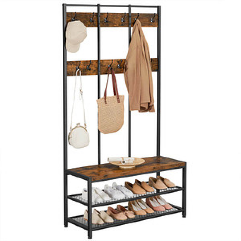 VASAGLE Garderobenbank mit Haken und Schuhrost HSR86BXV1 braun, schwarz Metall 100,0 cm – Bild 1 von 8