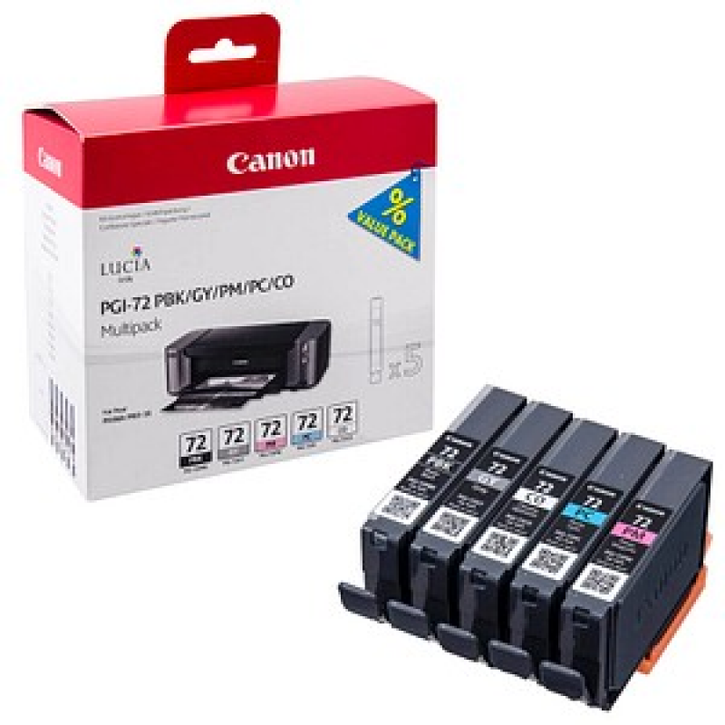 Canon PGI-72 PBK/GY/PM/PC/CO schwarz, grau, foto magenta, foto cyan, Chroma Optimizer Druckerpatronen, 5er-Set – Bild 1 von 3