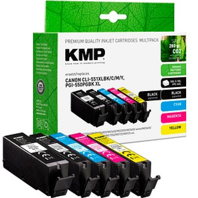KMP 2x schwarz, cyan, magenta, gelb Druckerpatronen kompatibel zu Canon PGI-550 XL PGBK, CLI-551 XL BK/C/M/Y, 5er-Set – Bild 1 von 3