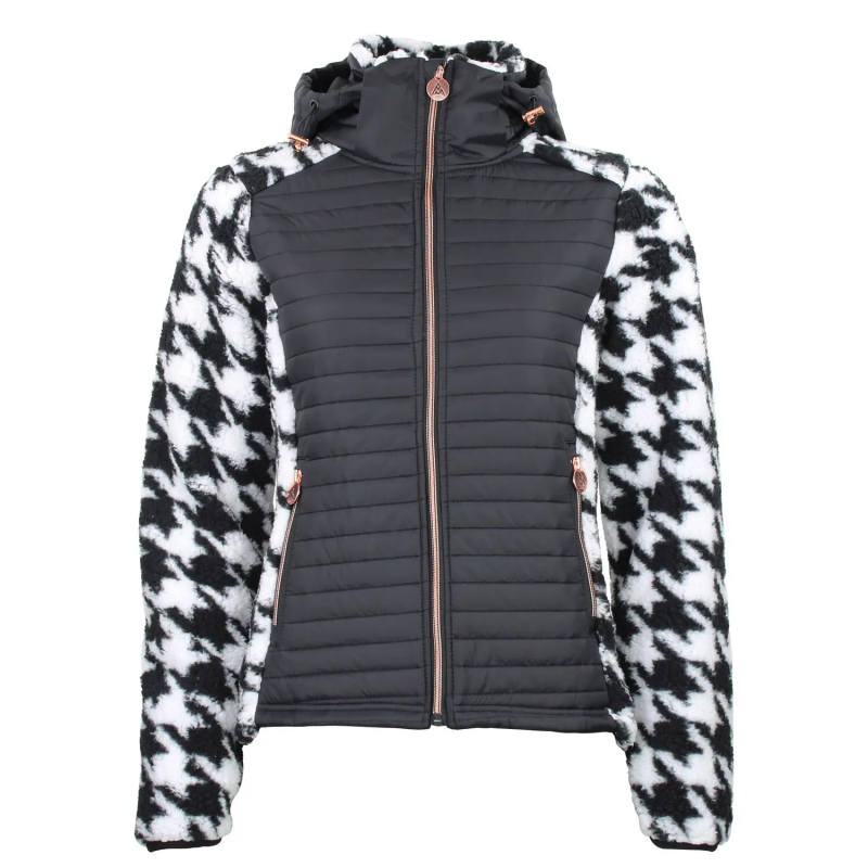 Zipped Hoodie aus zwei Materialien mit Brust-Emblem und Hahnentrittmuster für Damen Peak Mountain