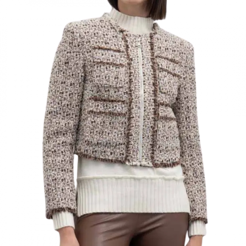 Goa Goa Tweed Wolljacke mit ReiBverschluss Muster Persina naturliche braune Farbe mit kontrastierenden Profilen