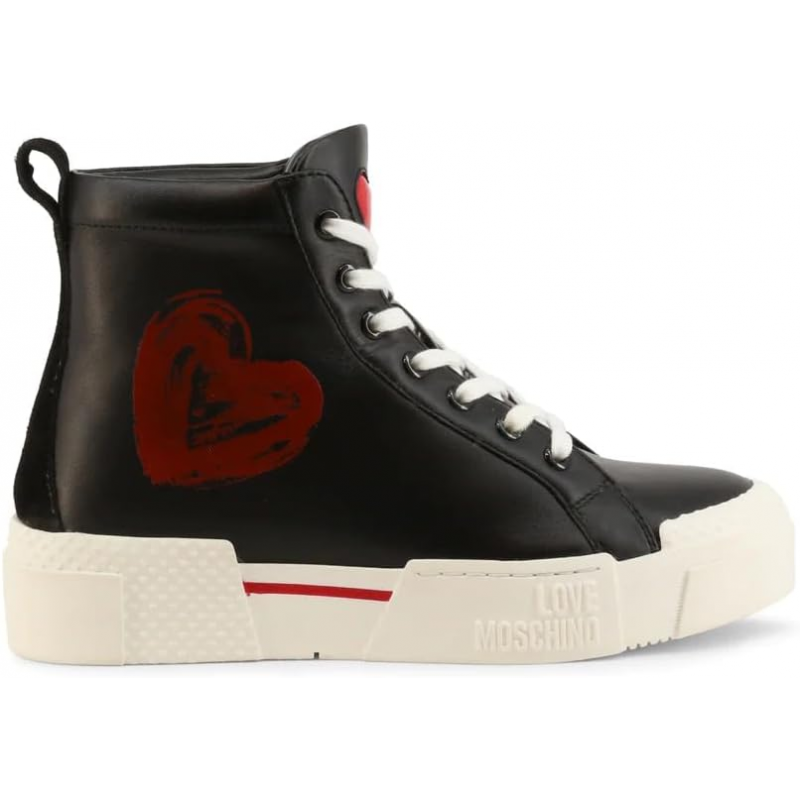 Love Moschino High Black Damen Sneaker aus Leder Love Moschino mit rotem Herzen bemalt