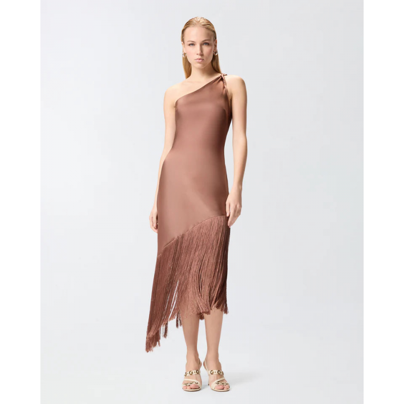 Pinko kiwi Satin Kleid mit Fransen ss26