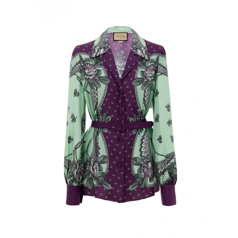 Seidenhemd mit Grundruck Menta und Viola Gucci