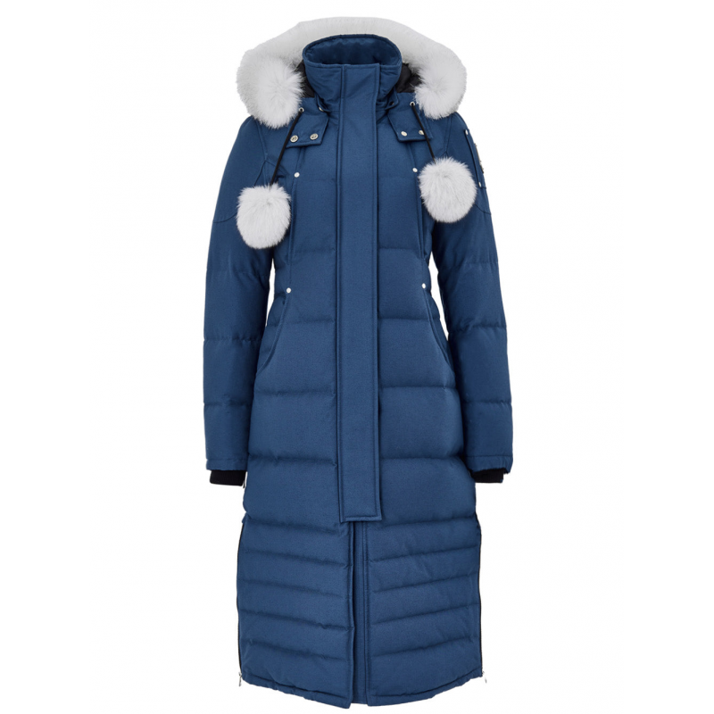 Lange Jacke Blau gepolstert mit Pompom Moose Knuckles
