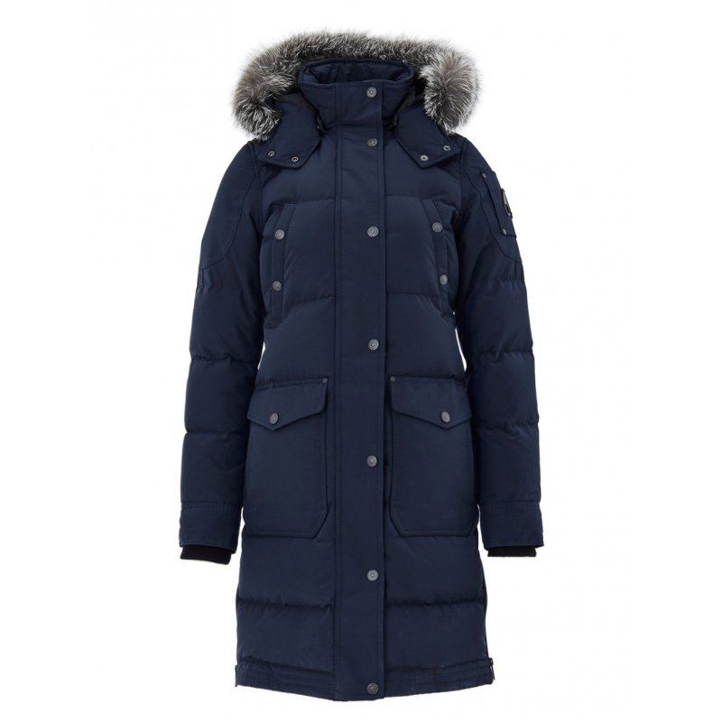 Jacke Blau Lang gepolstert mit Kapuze und Pelz Moose Knuckles