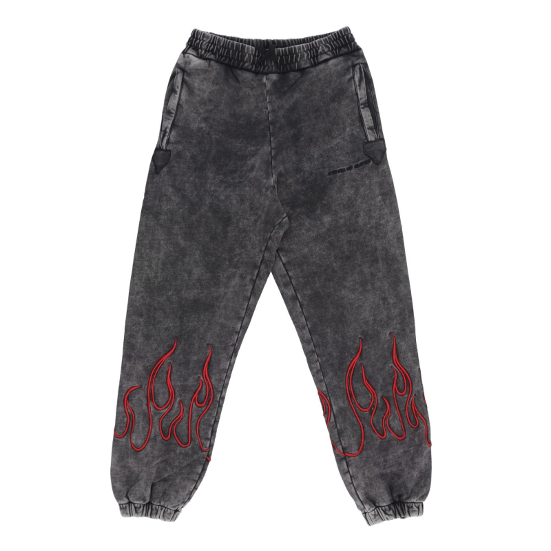 Fleece-Trainingshose fur Herren, bestickte Flammenhose, Grau/Rot