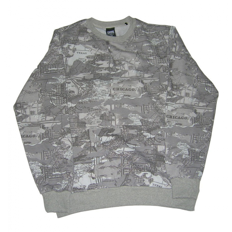 Crooks & Castles Herren-Sweatshirt mit Rundhalsausschnitt, Rundhalsausschnitt, „Taktik“, graues Karten-Camouflage