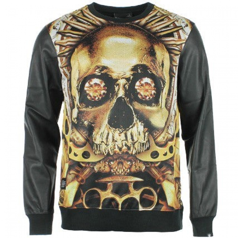 Herren-Sweatshirt mit Rundhalsausschnitt, Zwei-Winkel-Sweatshirt, Rundhalsausschnitt, „Tamlam“ mit durchgehenden/schwarzen Lederarmeln