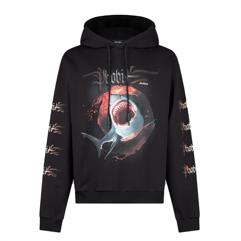 Leichtes Herren-Kapuzenpullover mit Hai-Print, Schwarz