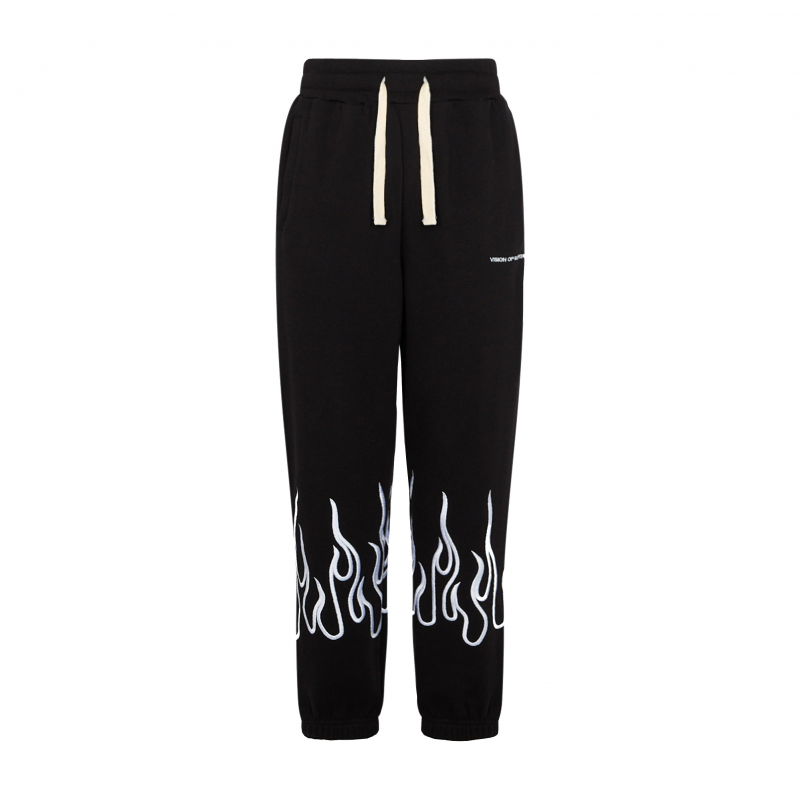 Leichte Herren-Trainingshose, bestickte Flammenhose, Schwarz/WeiB