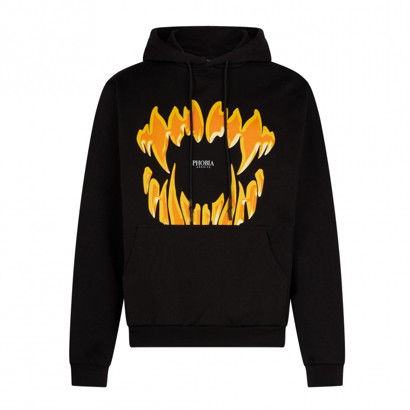 Leichtes Herren-Kapuzenpullover mit Mund-Aufdruck, Schwarz/Orange