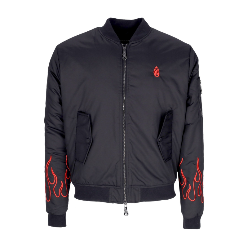 Herren-Bomberjacke mit gesticktem Flammen-Bomber, Schwarz/Rot