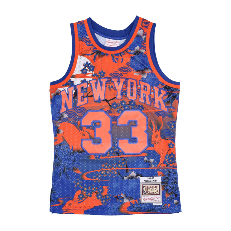 Herren-Basketball-Tanktop Nba Ah Swingman Jersey 5.0 Hardwood Classics 1985 Nr. 33 Patrick Ewing Neykni Blau/Orange