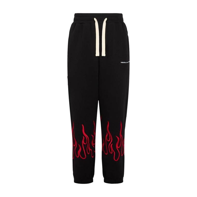Leichte Trainingshose fur Herren, bestickte Flammenhose, Schwarz/Rot