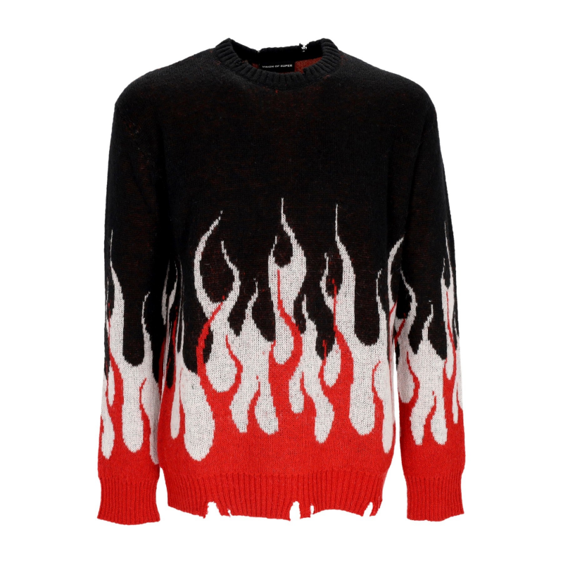 Herren-Pullover mit Jacquard-Flammenmuster, Schwarz/Rot/WeiB