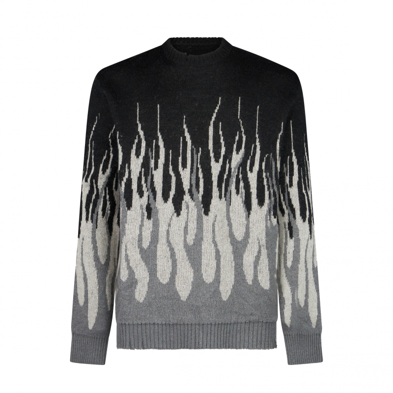 Herren-Pullover mit Jacquard-Flammenmuster, Schwarz/Grau