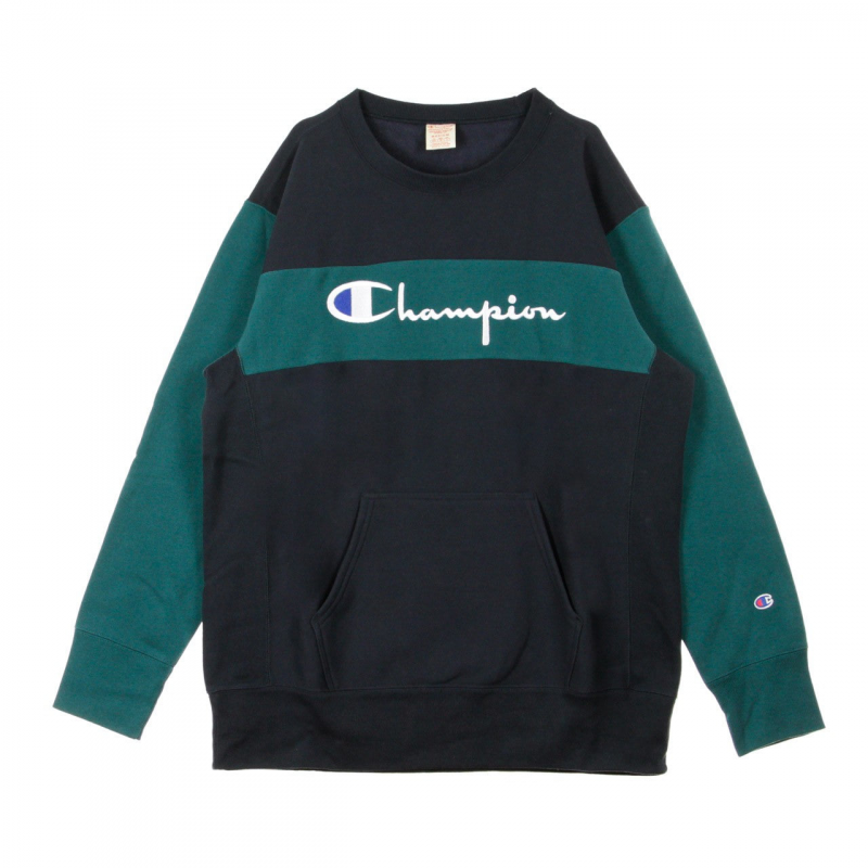 Farbblock-Sweatshirt mit Kangurutasche und umgekehrtem Webmuster fur Herren, Rundhalsausschnitt, Dunkelblau/Grun