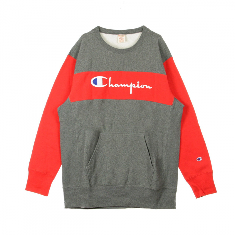 Farbblock-Sweatshirt mit Kangurutasche und umgekehrtem Webmuster fur Herren, Rundhalsausschnitt, Grau/Rot