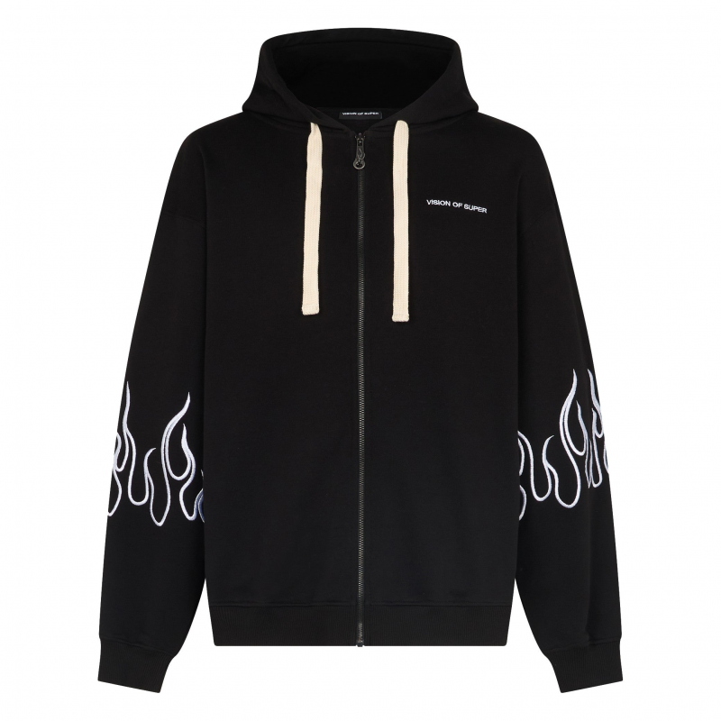 Leichtes Herren-Sweatshirt mit Kapuze und ReiBverschluss, bestickte Flammen, offener Kapuzenpullover, Schwarz/WeiB