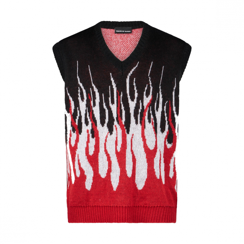 Armelloser Pullover fur Herren, Jacquard-Flammenweste, Schwarz/WeiB/Rot