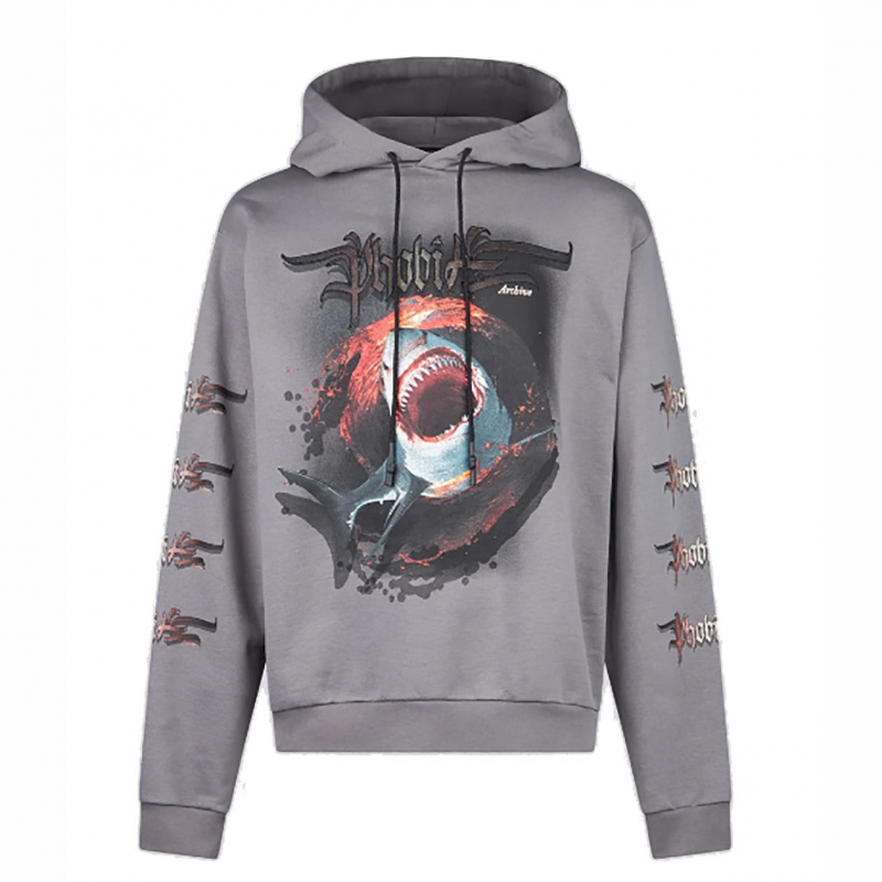Leichtes Herren-Kapuzenpullover mit Hai-Print, Grau