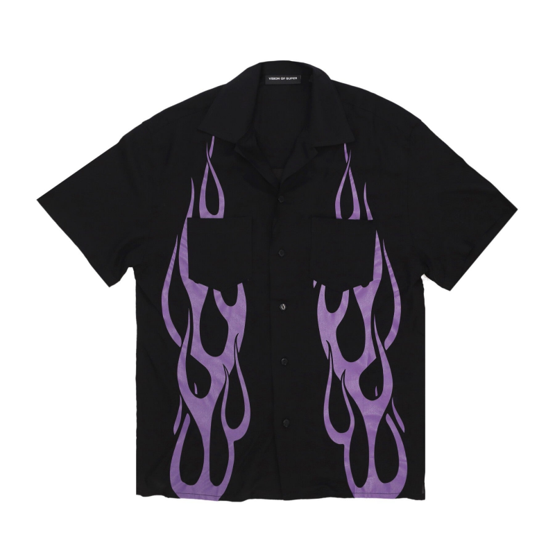 Herren Kurzarmhemd Flames Shirt Schwarz/Lila