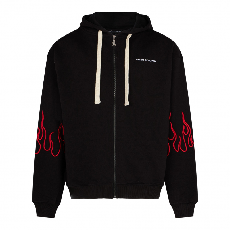 Leichtes Kapuzen-ReiBverschluss-Sweatshirt fur Herren, gesticktes Flammen-ReiBverschluss-Hoodie in Schwarz/Rot