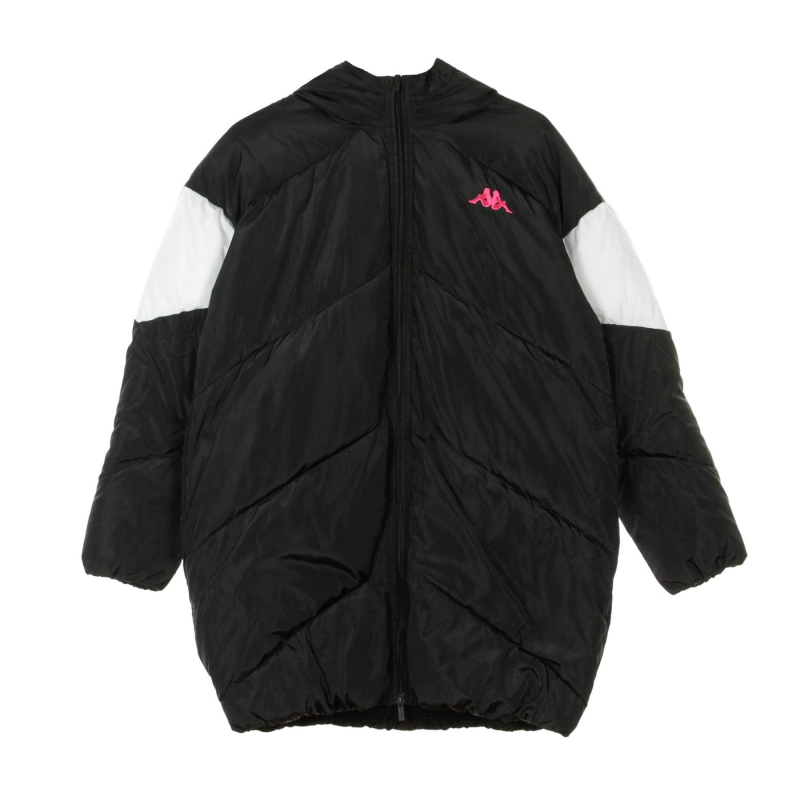 Authentische 90 Bartes lange Daunenjacke fur Damen, Schwarz/WeiB/Fuchsia