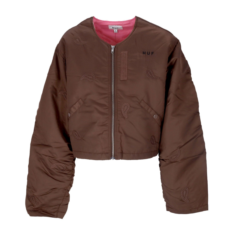 Kurze Damen-Bomberjacke aus Paisley-Satin in Braun