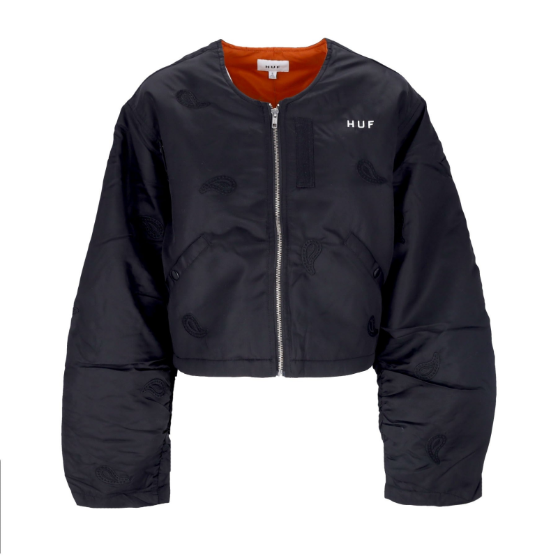 Kurze Damen-Bomberjacke aus Paisley-Satin in Schwarz