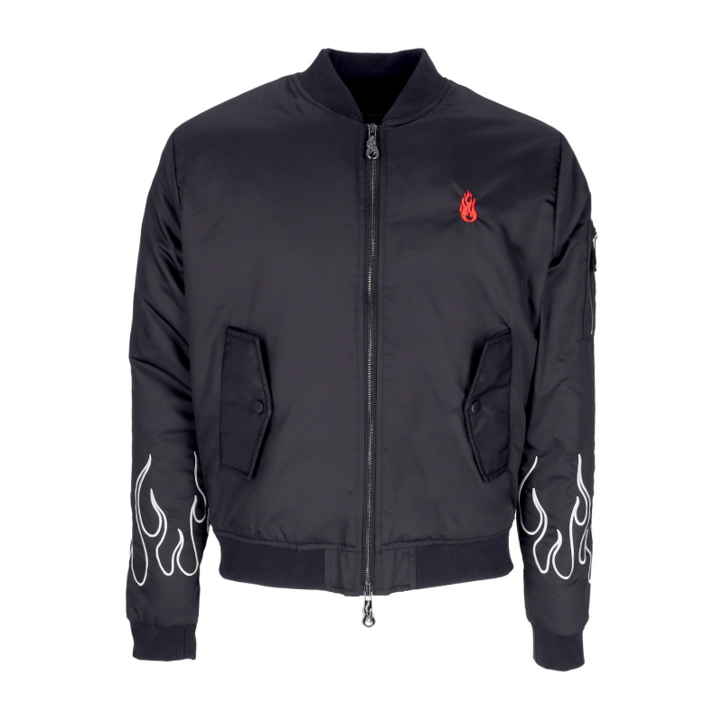 Herren-Bomberjacke mit gesticktem Flammen-Bomber, Schwarz/WeiB